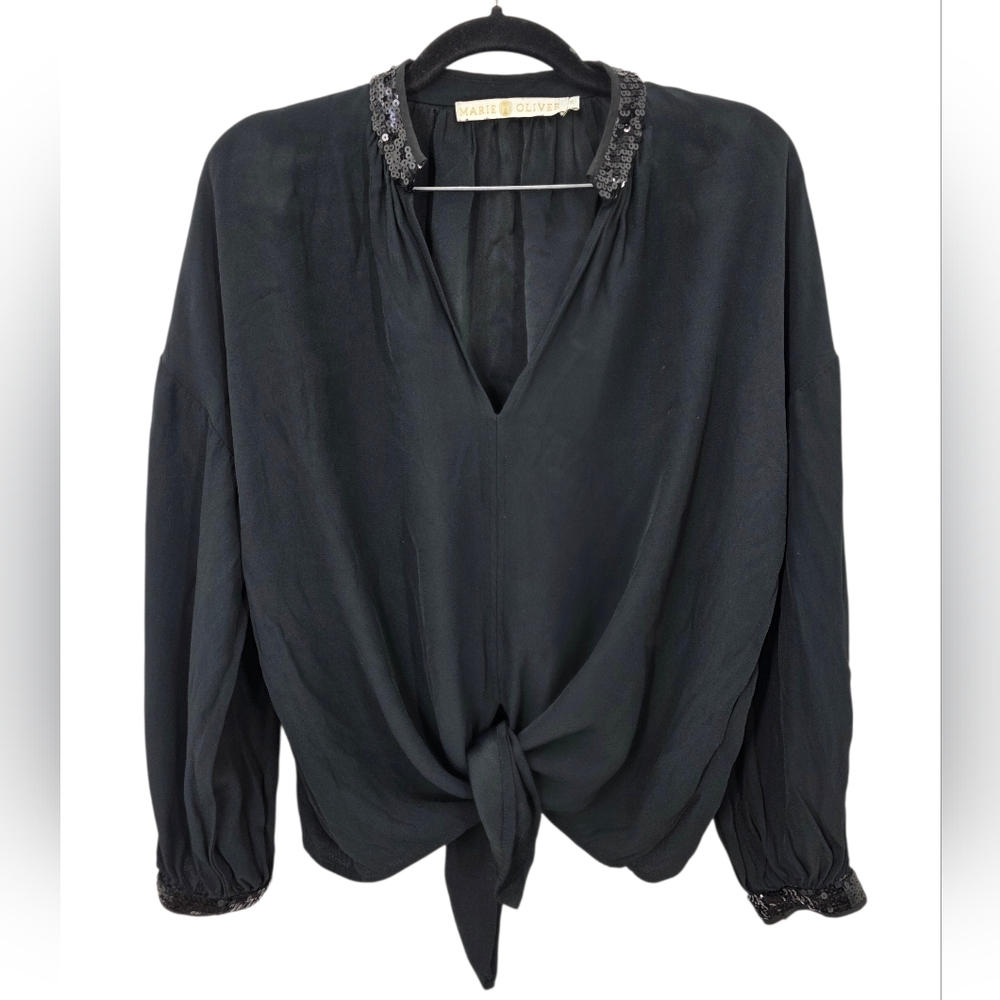 Marie Oliver Sequin Trimmed Blouse Size M Black Tie Waist Billowy